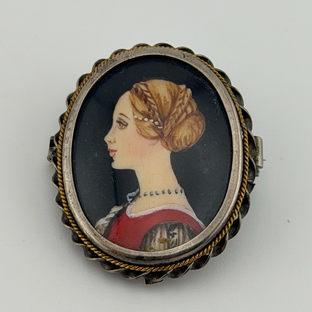 Vintage Italian 800 Silver Hand Painted Miniature Portrait Brooch Pendant Lady